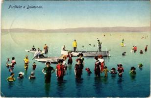 1912 Balaton, Fürdő élet a Balatonon, fürdőzők, csónakok (EM)