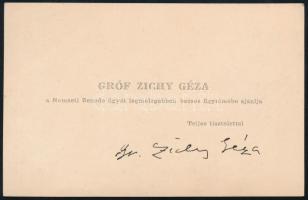 cca 1880 Gróf Zichy Géza (1849-1924) félkarú zongoraművész, a Nemzeti Zenede igazgatójának névjegykártyája saját kezű aláírásával, melyen becses figyelembe ajánlja a zenedét, szép állapotban