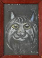 Szántó Piroska jelzéssel: Macska. Pasztell, papír. Üvegezett, sérült fa keretben. 53x32 cm