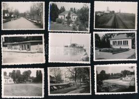 1937-1939 16 db hátoldalon feliratozott fotó Balatonszemes településről, üzletek, patika, könyvtár, állomás, vonatok, értékes helytörténeti anyag, jó állapotban, 6×8,5 cm