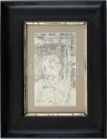 Szász Endre (1926-2003): Önarckép. Monotípia, papír, jelzés nélkül. 20x11,5 cm. Üvegezett, kissé kopott fa keretben.