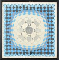 Victor Vasarely (1908-1997): Op-art kompozíció. Ofszet nyomat, papír, jelzett a nyomaton. Üvegezett fa keretben, 45x46 cm