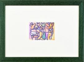 Csepeli Németh Miklós (1934-2012): Társaság, 1987. Akvarell, papír, jelzett, üvegezett fa keretben, 8×12 cm