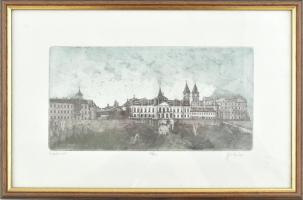 Sipos István: Veszprémi vár. Színezet rézkarc, papír, jelzett, üvegezett keretben, 13,5×25 cm