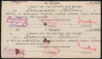 1917 A debreceni izraelita hitközség nyugtája cultusadó befizetéséről, a hitközség elöljáróinak névbélyegzős aláírásaival