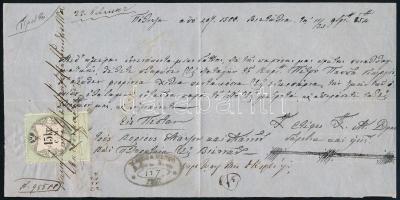1854 15kr okmánybélyeg a Macso & Manno (Macsó György - Mannó István) pesti székhelyű szállítmányozási cég német nyelvű dokumentumán, a cég béylegzőjével