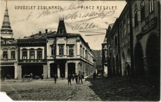 1905 Zsolna, Sillein, Zilina; Piac részlet, Vasudvar, Melczer Antal és Pan. Ferenc üzlete / square, shops (EM)