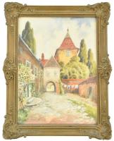 Turiák Ödön (1884-1937): Sárvár, várudvar. Akvarell, papír, jelzett. Dekoratív, üvegezett, kissé sérült keretben. 32x24cm