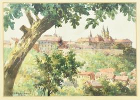 Wallburg Egon (Zórád Ernő, 1911-2004): Veszprémi panoráma, 1934. Akvarell, papír. Jelzett. Üvegezett fa keretben. 16x23 cm