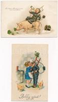 2 db RÉGI kéményseprős litho újévi üdvvözlő képeslap / 2 pre-1945 New Year greeting motive postcards: chimney sweepers, litho