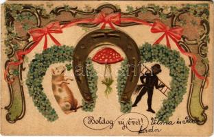 1904 Boldog Új évet! Szecessziós dombornyomott litho / New Year greeting, Art Nouveau, embossed, litho (EK)