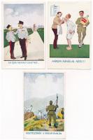 3 db RÉGI humoros magyar katonai grafikai képeslap, Bernáth szignóval / 3 pre-1945 Hungarian humorous military postcards signed by Bernáth