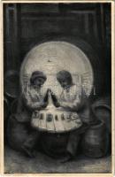 Optikai illúziós képeslap: borozó férfiak halálfejjel / Optical illusion, men drinking wine and skull