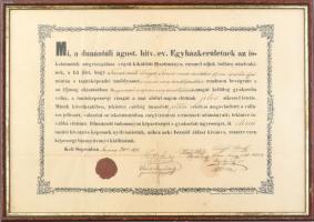 1871 Sopron, a Dunántúli Ágost. Hitv. Ev. Egyházkerület Soproni Evangélikus Tanítóképezdéjének tanítóképezdei tanfolyamának díszes oklevele, viaszpecséttel, aláírásokkal.