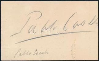 Pablo Casals (1876-1973) katalán származású spanyol csellóvirtuóz, karmester aláírása Bíró Imre hangversenyrendező névjegykártyáján.
