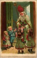 Christmas greeting art postcard with Saint Nicholas and children. Emb. litho (apró lyuk / tiny hole)