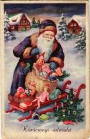 1943 Karácsonyi üdvözlet / Christmas greeting art postcard with Saint Nicholas and gifts (kopott sarok / worn corner)