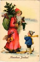 Hauskaa Joulua! / Christmas greeting art postcard with Saint Nicholas on ski. Special B. 7193. (EK)