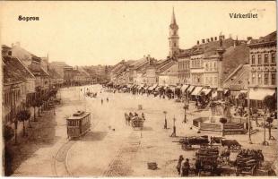 Sopron, Várkerület, piac, villamos, Lang frigyes üzlete. Vasúti levelezőlapárusítás 3965.