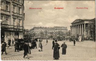 1914 Budapest VIII. Múzeum körút, Nemzeti Múzeum, csendőr, villamos. M.T. és F.I. Koch és Pór kiadása (EK)