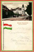 1915 Temesvár, Timisoara; Jenő herceg tér. Magyar zászlós litho keret. Moravetz Testvérek kiadása / square, Hungarian flag decorated frame, litho (fa)