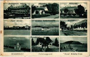 1935 Balatongyörök, Belügyminisztériumi üdülő, vasútállomás, plébánia, parti részlet, kilátás Badacsonyra, Kultúrház, strand, Szentkirályi villa, Szent Mihály-hegy. Malek Károly kiadása (Rb)