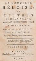 Rousseau, J. J.: La nouvelle Heloise, ou lettres de deux amans, habitant une petite ville au pied des Alpes. Lausanne, 1794, Chez e prieur. 1t (litho címkép) + LII + 252p. + 1p. Korabeli, kissé sérült, aranyozott egészbőr kötésben