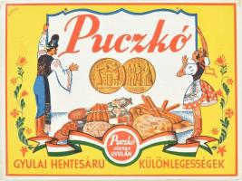cca 1935 Puczkó József gyulai hentesmester hentesáru különlegességek magyaros stílusú, kiakasztható karton reklámtábla, szép állapotban, 21×28 cm