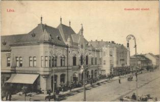 1914 Léva, Levice; Kossuth tér, Lang Központi kávéháza, Kovács Sándor üzlete / square, shops, cafe