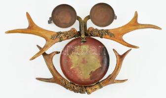 Vadász dohányzókészlet, agancs, bronz rátét, réz tálkák, 21x33cm