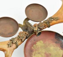 Vadász dohányzókészlet, agancs, bronz rátét, réz tálkák, 21x33cm