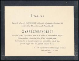 cca 1960 Ujpestről elhurcolt zsidó mártírok emlékére szóló gyászszertartás értesítője