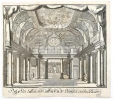 cca 1723 Prospect des Sallons in der mitten von der Orangerie zu Charlottenburg, rézmetszet, (in: Theatrum Europaeum), kis szakadásokkal, javított, hajtott, 34x43 cm