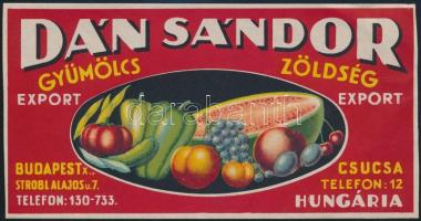 cc 1930 Dán János zöldség gyümölcs konzerv címke 17x8 cm