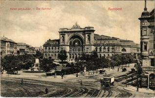 1912 Budapest VII. Keleti pályaudvar, vasútállomás, Baross szobor, villamos, Takács Ferenc üzlete (EK)