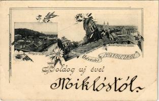 Miskolc, Avas hegység és Református főgimnázium, Széchenyi utca, Városház tér, Minorita templom és izraelita imaház, zsinagóga. Falkenstein kiadása. Art Nouveau, floral (vágott / cut)