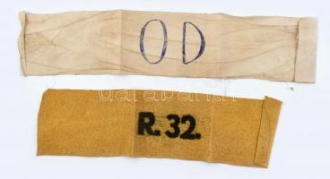 cca 1944 2 db II. világháborús gettóban viselt karszalag R32. és OD felirattal / Armbands from ghetto