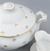 MZ 7db lapos, 1 db mély tányér, szószos tál, levesestál, kézzel festett porcelán, kopott, jelzett