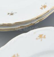 MZ 7db lapos, 1 db mély tányér, szószos tál, levesestál, kézzel festett porcelán, kopott, jelzett