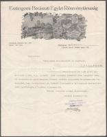 1939 Az Esztergomi Borászati Egylet Részvénytársaság gépelt levele a helyi banknak, amelyben letétbe helyezi 7000 pengős betétkönyvét folyószámlájuk fedezetére, az egylet dekoratív fejléces levélpapírján Szölgyény Pál aláírásával, pecsételve