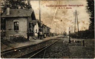 1912 Dunaharaszti, Dunaharaszti-Rákócziliget MÁV vasútállomás, vonat, gőzmozdony. Kulikov J. Nándor fényképész kiadása (fa)