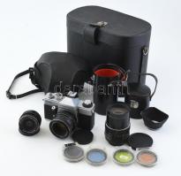 Praktica fényképezőgép felszerelés: Praktica PLC3 fényképezőgép, 2 db objektívvel: Pentacon 3,5/30, electric 2,8/135. Bőrtáskában.