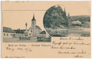 1904 Védeny, Weiden am See; templom, Szentháromság szobor és tér, gőzmozdony. August Bermann / Kirche, Dreifaltigkeitsstatue und Platz, Lokomotive / church, statue and square, locomotive (fl)