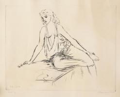 Borsos Miklós (1906-1990): Leány (női akt). Rézkarc, papír, jelzett, feltekerve, törésnyomokkal, apró foltokkal, lap teteje vágott, 29,5x38 cm