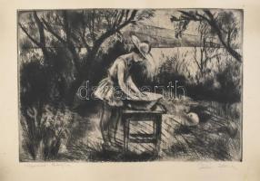 Fehér Ilona (1913-1983): Nyaraló leányka. Rézkarc, papír, jelzett, feltekerve, törésnyomokkal, apró foltokkal, 19,5x29 cm