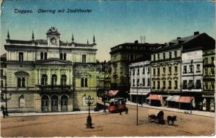 1926 Opava, Troppau; Oberring mit Stadttheater / street view, tram, theatre, café (EK)