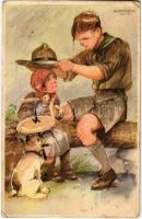 A cserkész másokkal szemben gyöngéd, magával szemben szigorú. Cserkész levelezőlapok kiadóhivatal / Hungarian scout boy art postcard s: Márton L. (Rb)