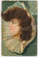 Hölgy igazi hajas rátéttel / Lady with real hair. litho (EB)