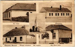 1942 Bors, Református iskola, állami iskola és templom, községháza, Hangya szövetkezet üzlete és saját kiadása / Calvinist church and schools, town hall, cooperative shop (fa)