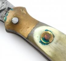 Jelzett vadász bicska, zsebkés, Válik jelzéssel a pengén, bőr tokkal, réz és szaru markolattal, h: 2...